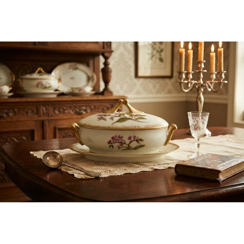 Vintage Floral Porcelain Lidded Tureen and Underplate Set Gold Gilt 6623